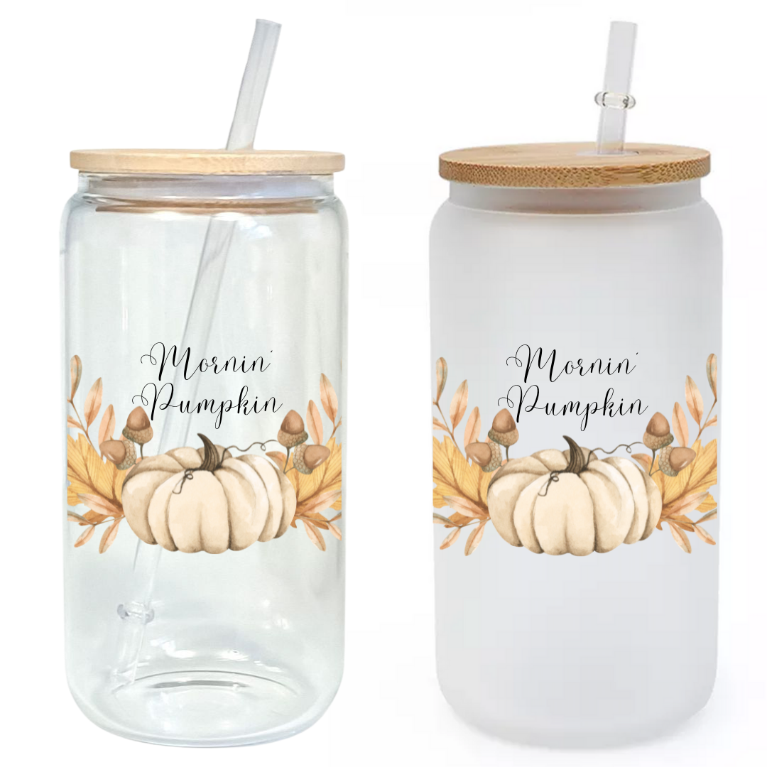 Morning pumpkin glass tumbler- two options, clear and foggy. Both come with bamboo lid and straw