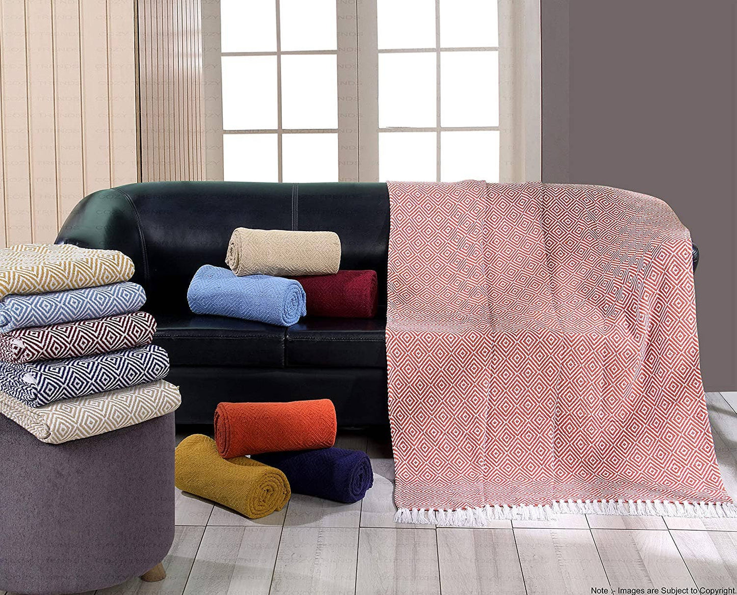 Handwoven Natural Cotton Throw Blanket- Burgundy