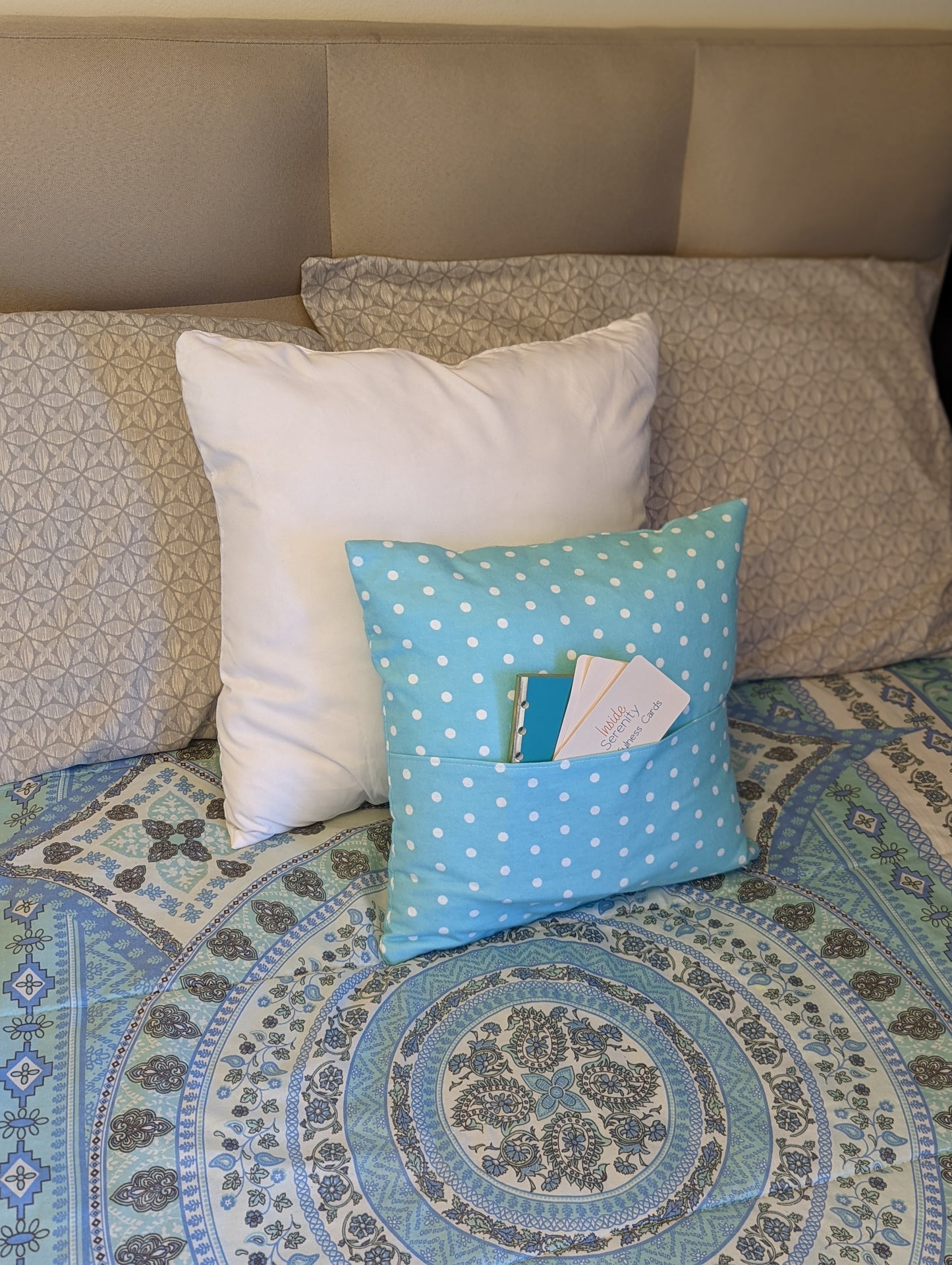 Kids mindfulness pillow with front pocket and positive affirmation card deck