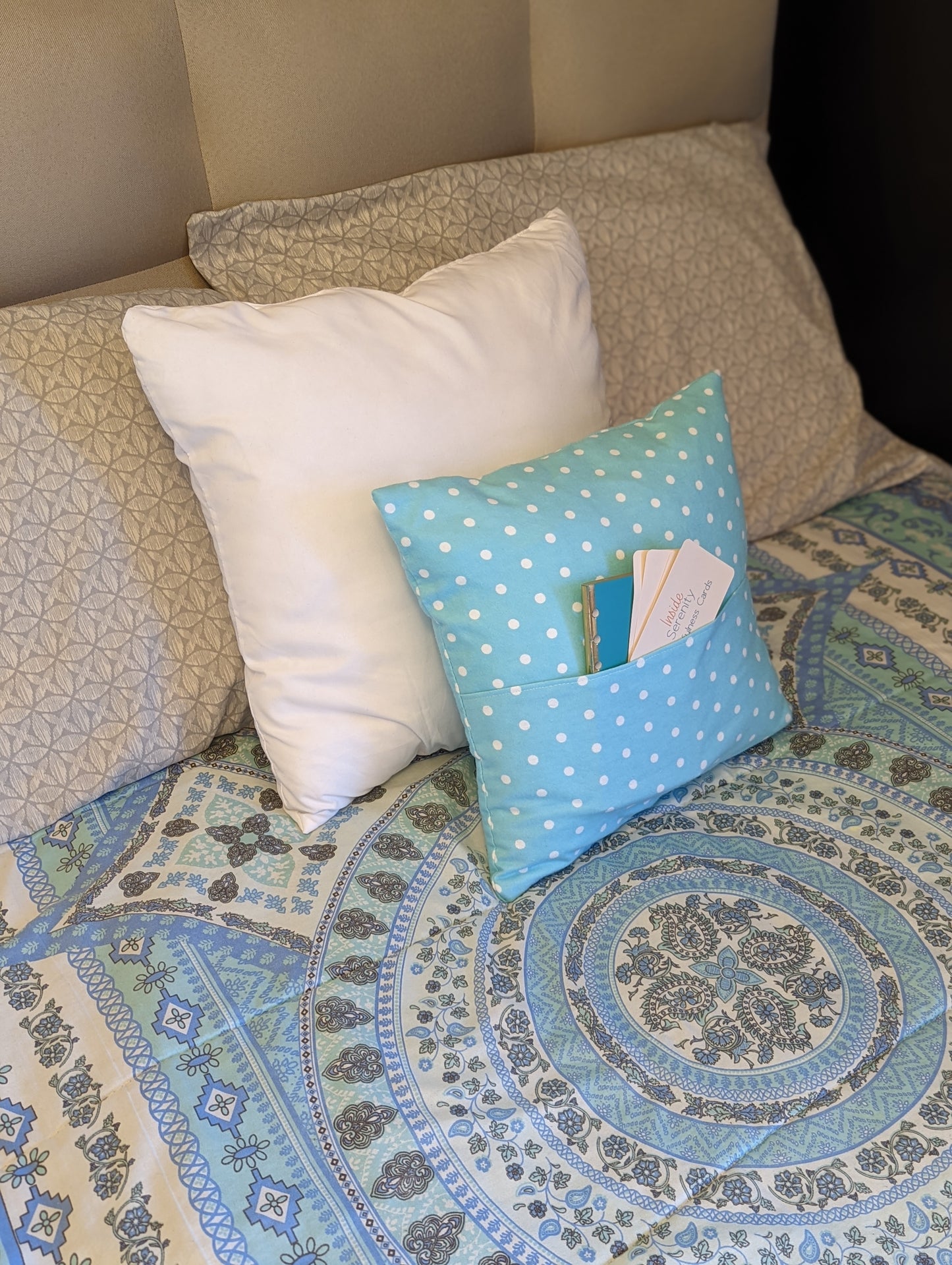 Kids mindfulness pillow with front pocket and positive affirmation card deck