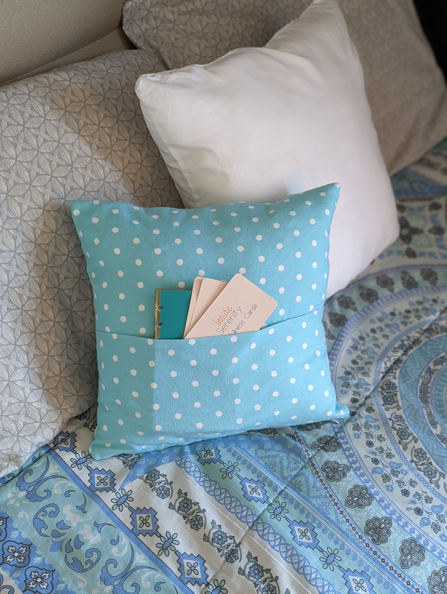 Kids mindfulness pillow with front pocket and positive affirmation card deck