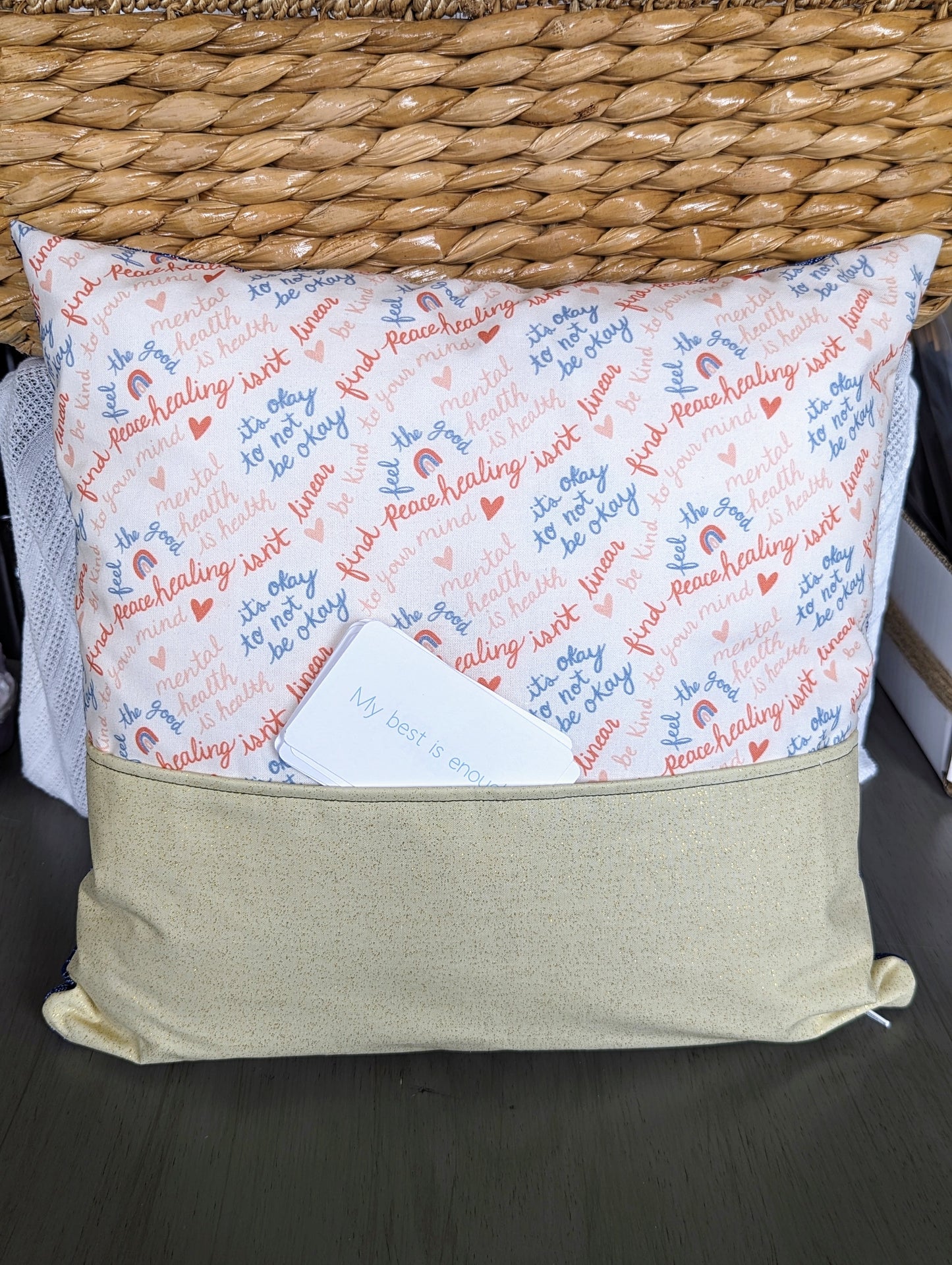 Kids mindfulness pillow with front pocket and positive affirmation card deck