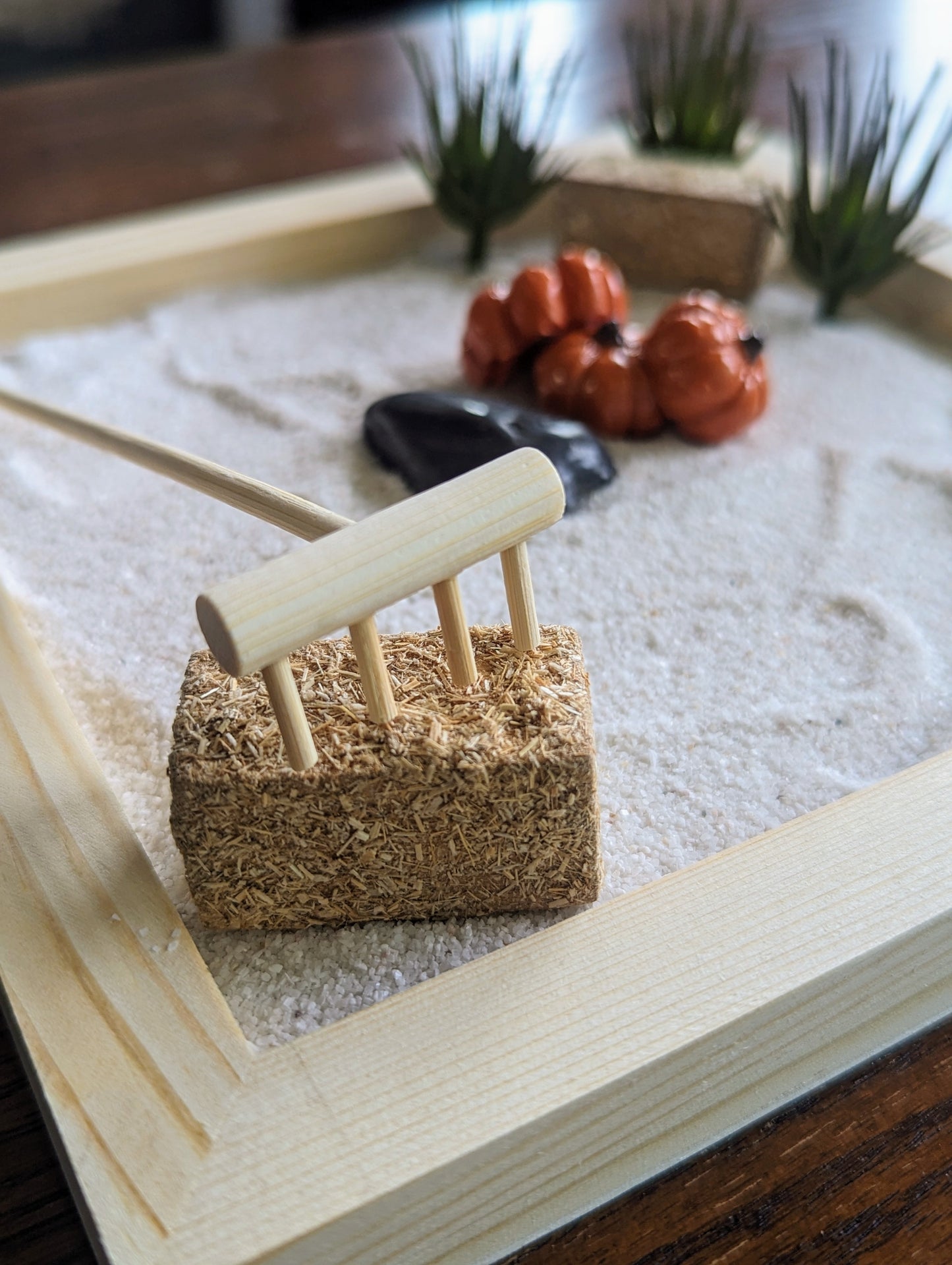 Close up of autumn mini zen garden with rake and accessories
