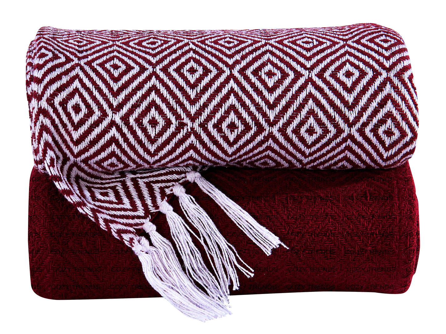 Handwoven Natural Cotton Throw Blanket- Burgundy