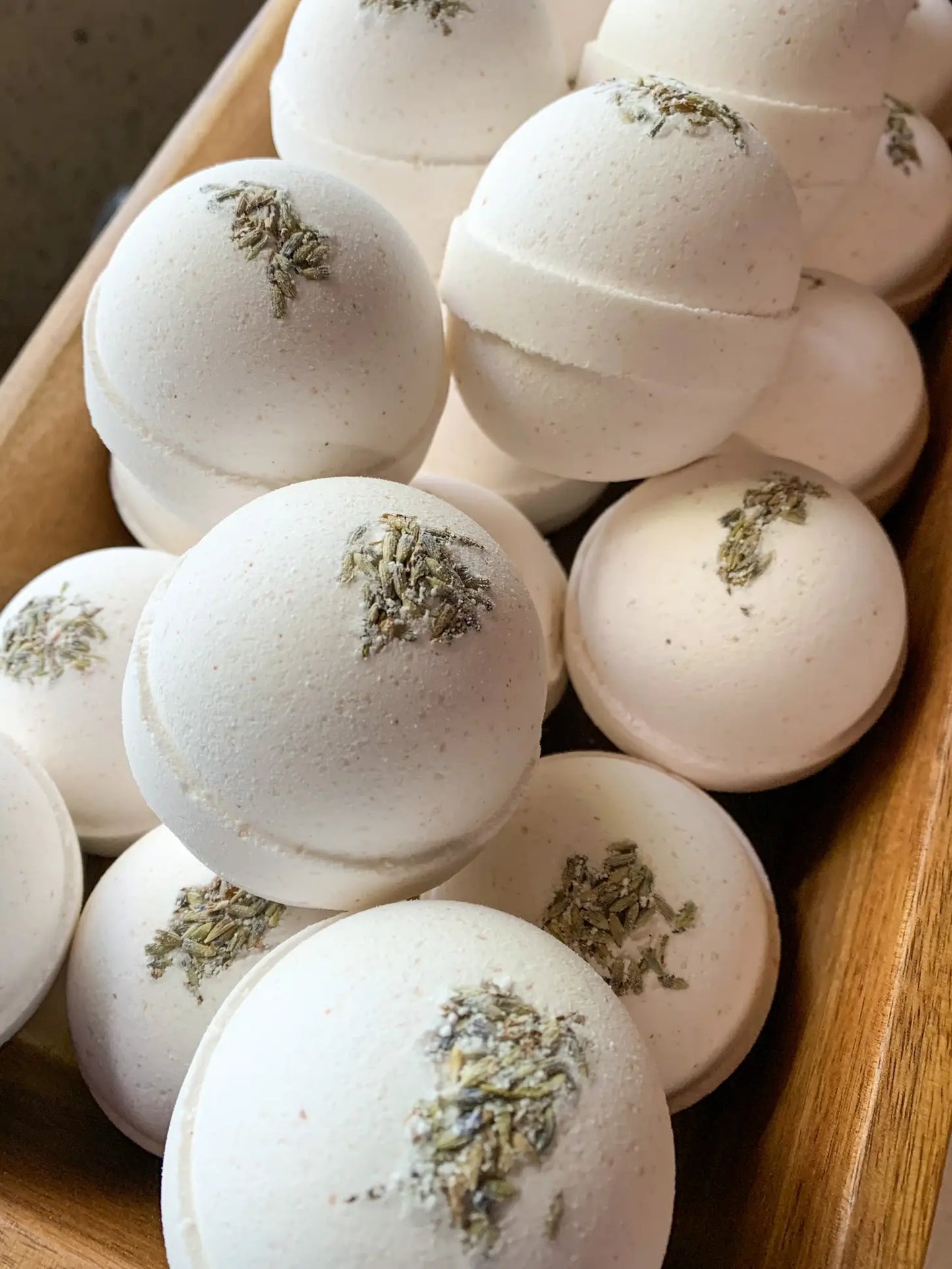 white essential oil bath bomb with lavender scent