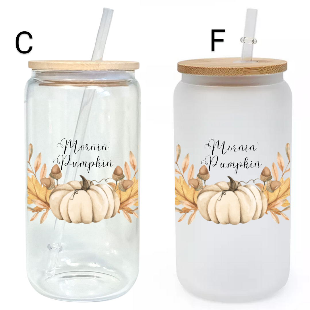 Autumn pumpkin glass tumbler either foggy or clear. 