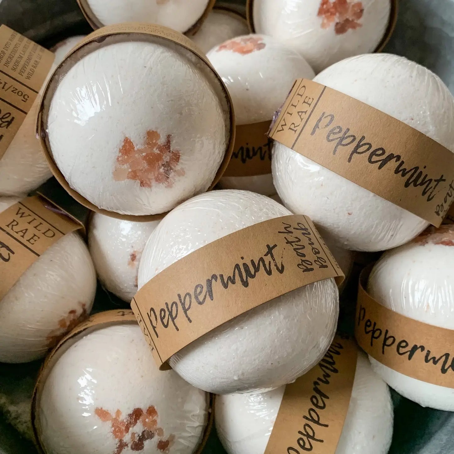 group of white essential oil bath bomb scented peppermint