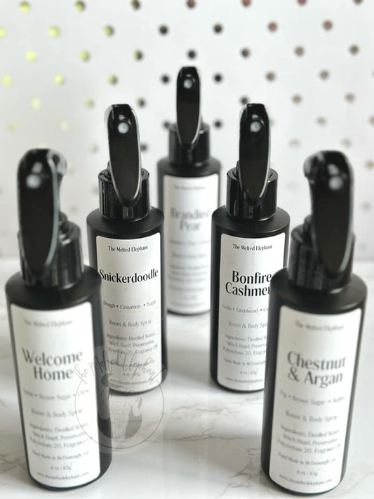 4oz bottles of fall/autumn room and body spray, all natural, and body safe.
