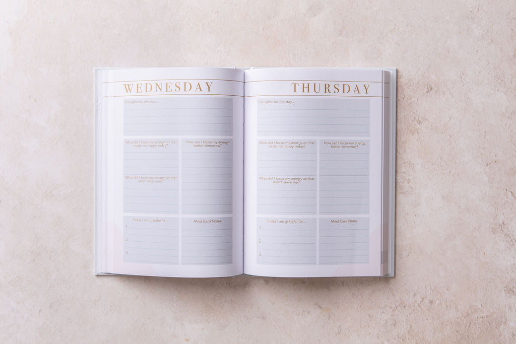 daily wellbeing, mindfulness, and gratitude journal light blue open with daily prompts