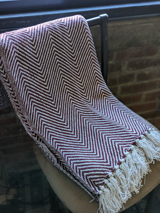 Handwoven Natural Cotton Throw Blanket- Burgundy