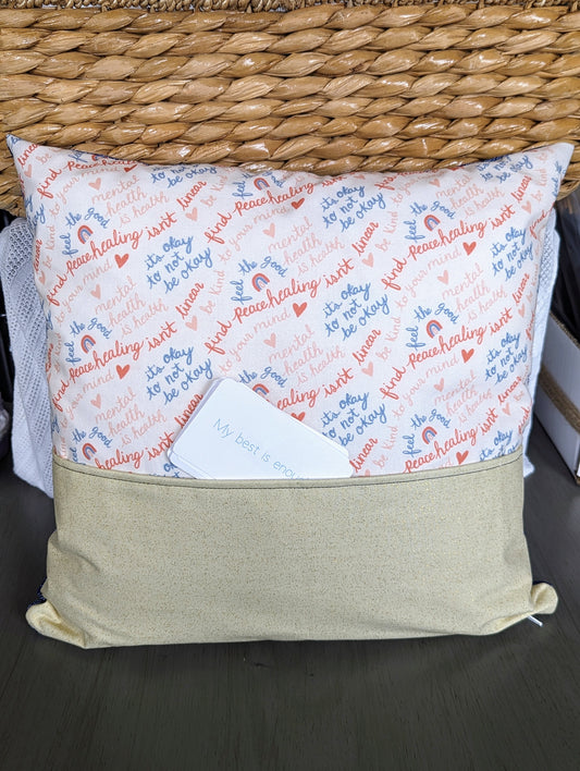 Kids mindfulness pillow with front pocket and positive affirmation card deck