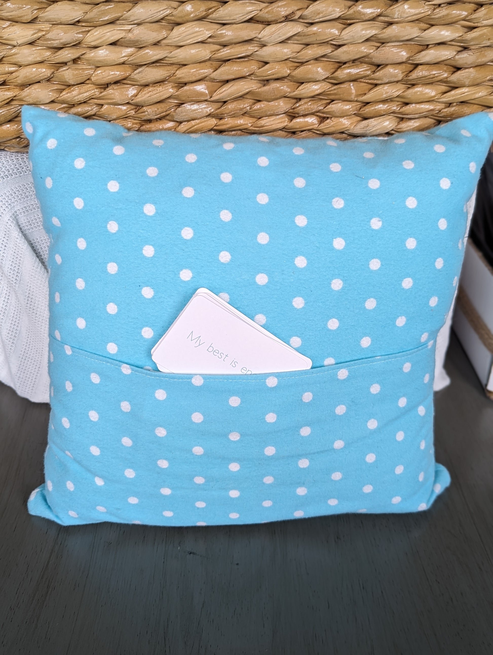 Kids mindfulness pillow with front pocket and positive affirmation card deck