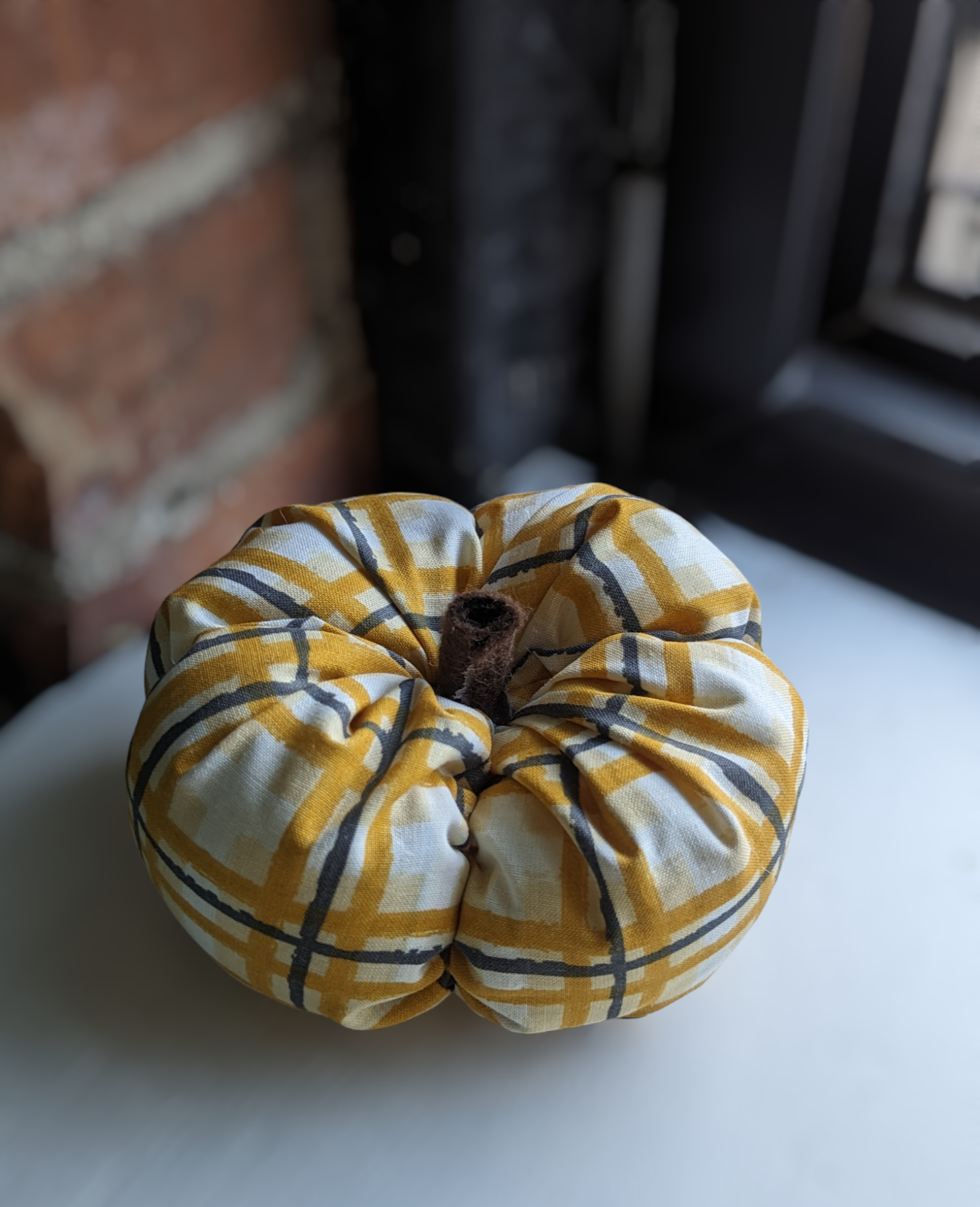 Yellow plaid handmade fabric pumpkin decor