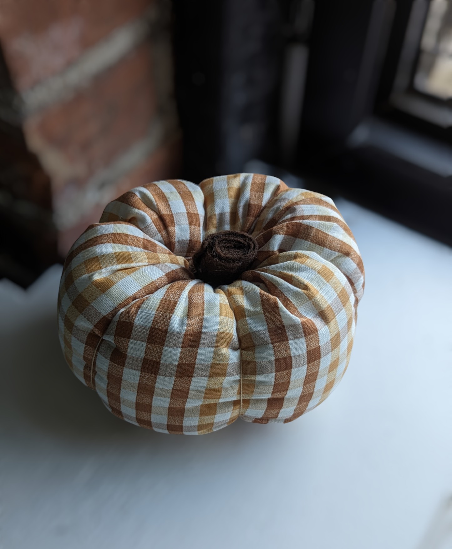 Brown and white plaid small fabric pumpkin decor