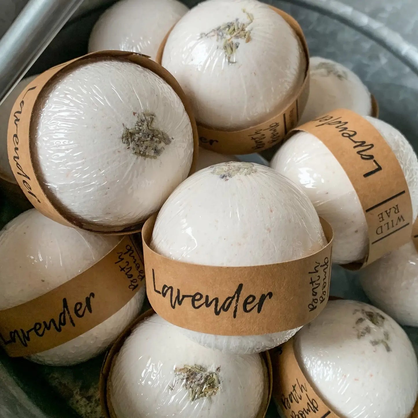 group of white essential oil bath bombs scented lavender