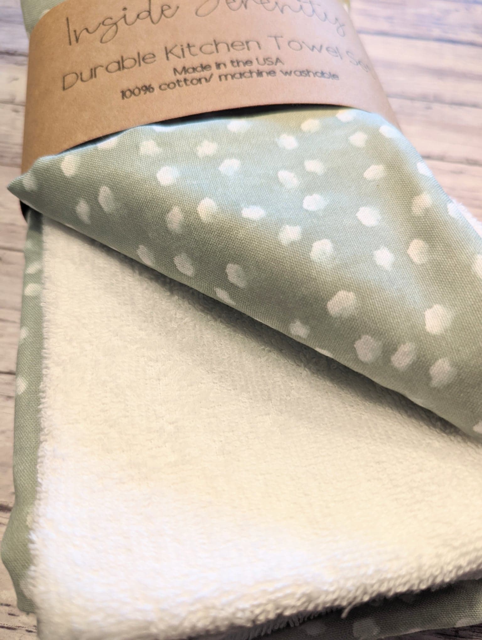 close up of green dot kitchen towel