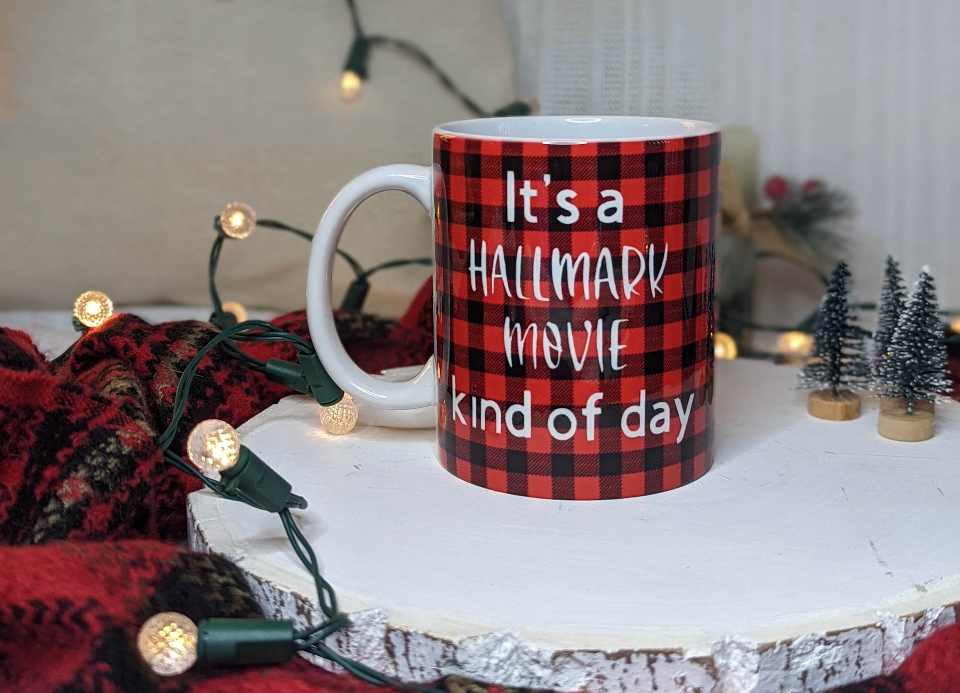 red and black plaid hallmark movie coffee mug