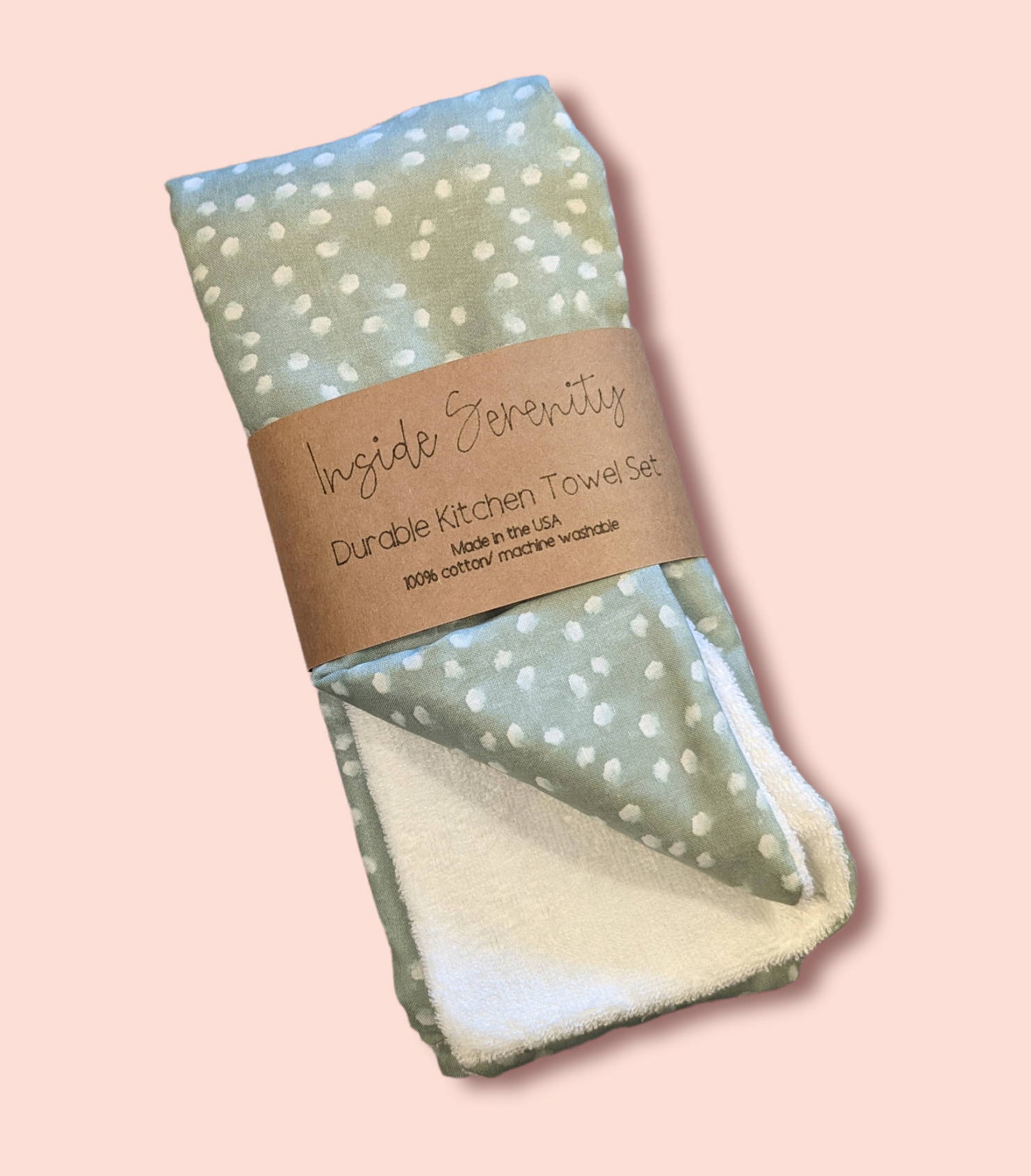Green dot kitchen towel with pink background