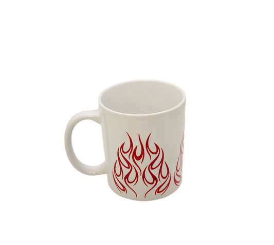 white 11oz coffee mug with red flames