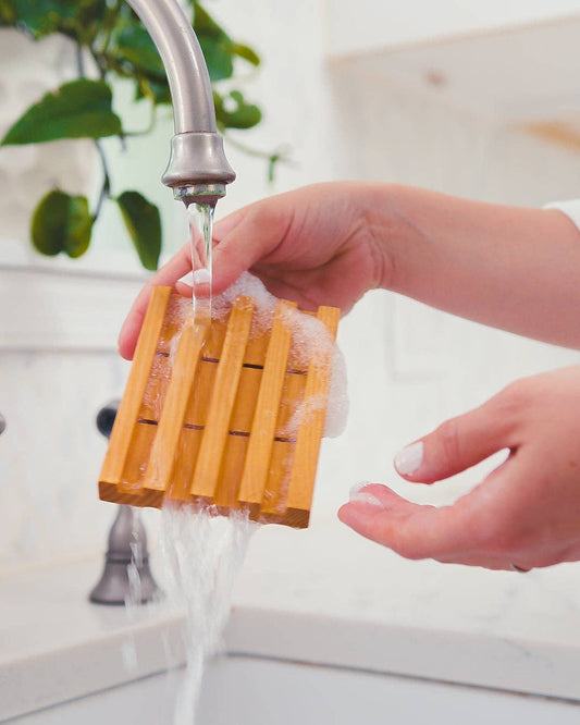 cedarwood soap dish pictured with running water